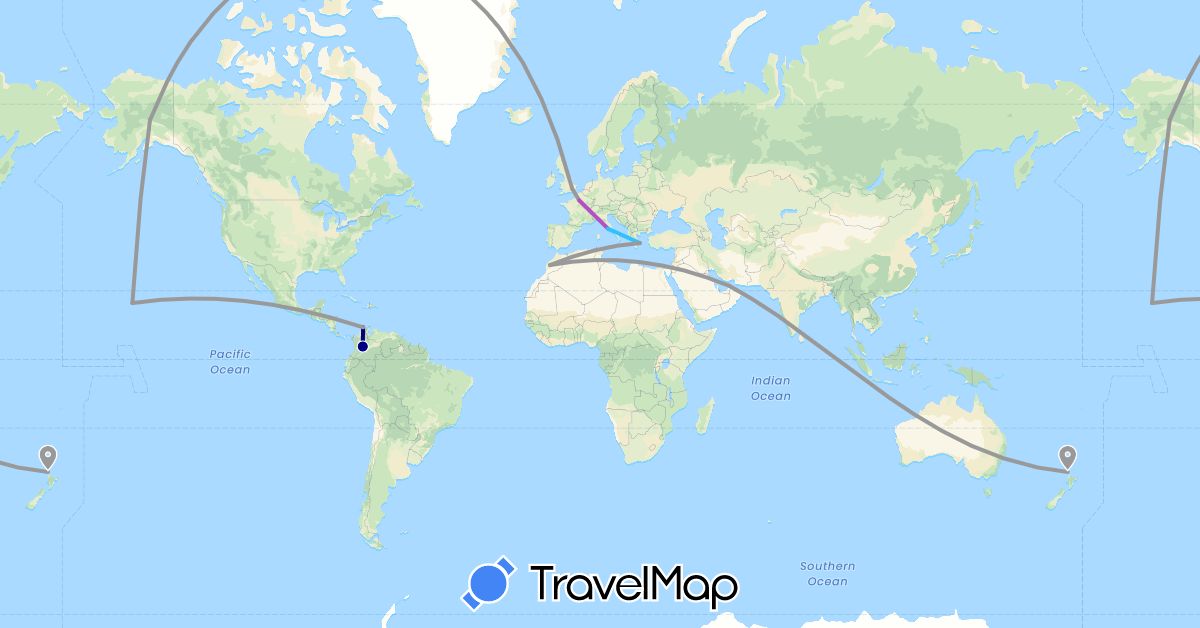 TravelMap itinerary: driving, plane, train, boat in United Arab Emirates, Colombia, France, United Kingdom, Greece, Italy, Morocco, New Zealand, United States (Africa, Asia, Europe, North America, Oceania, South America)