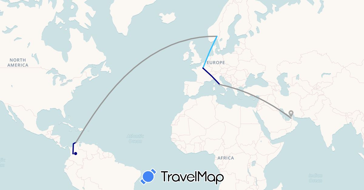TravelMap itinerary: driving, plane, boat in United Arab Emirates, Colombia, France, Italy, Norway (Asia, Europe, South America)
